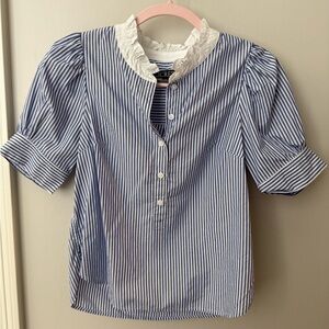 J. Crew Blue and White Striped Ruffle Blouse